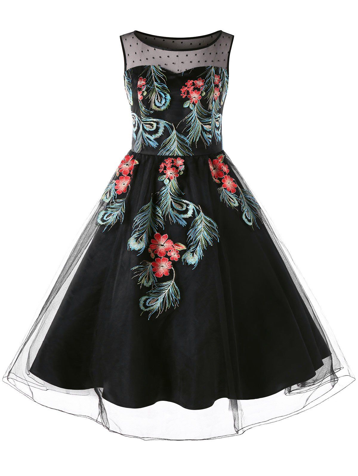 [41% OFF] 2021 Sleeveless Embroidery Tulle Swing Dress In BLACK | DressLily