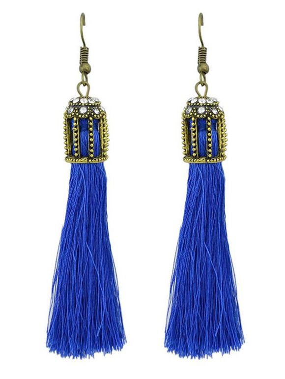 Boucles d'Oreilles Pendantes Crochets avec Pompon Style Ethnique - Bleu 