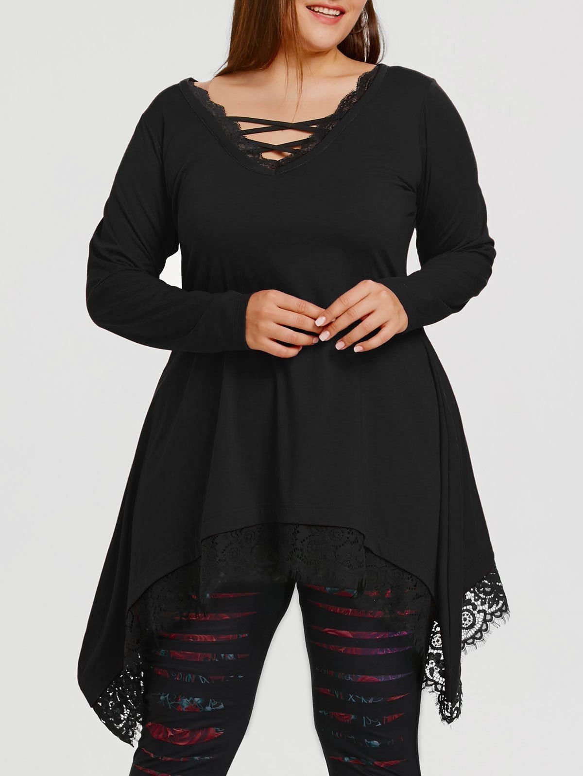 

Plus Size Lace Trim Sharkbite Tunic T-shirt, Black