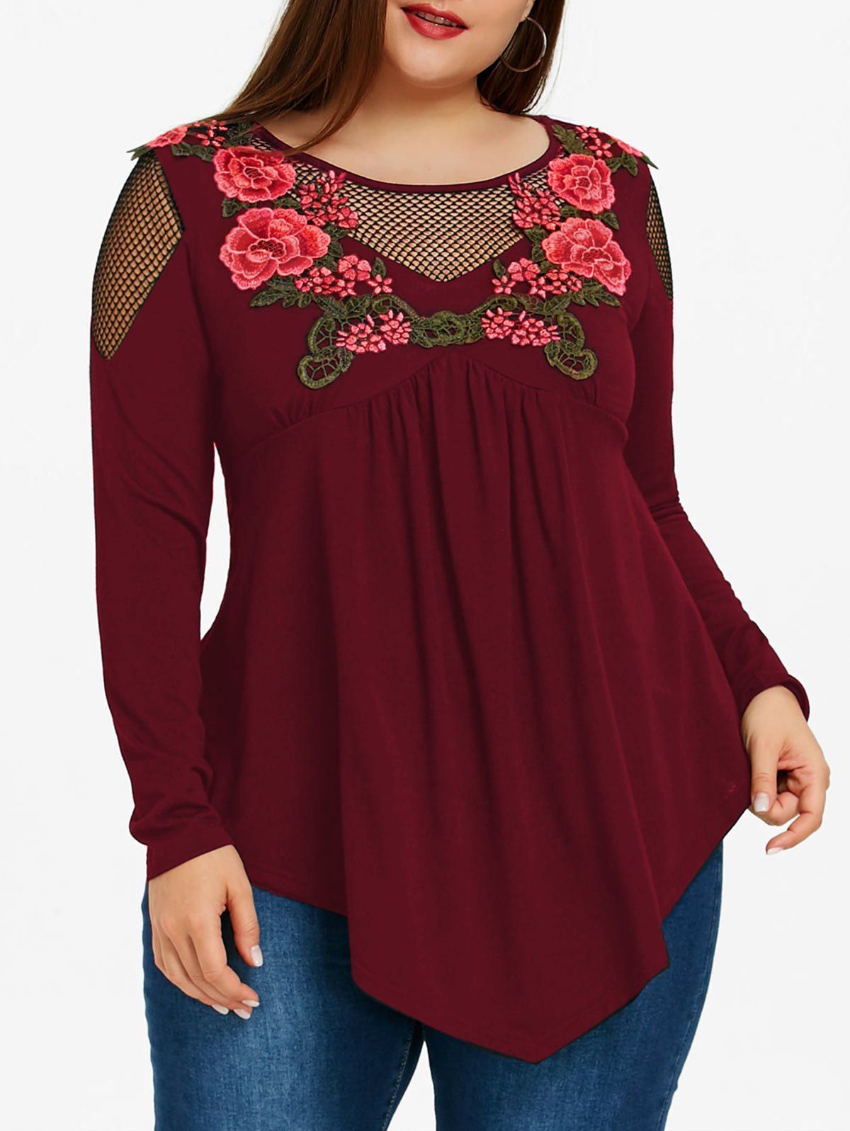 

Plus Size Embroidered Fishnet Insert Babydoll Top, Wine red