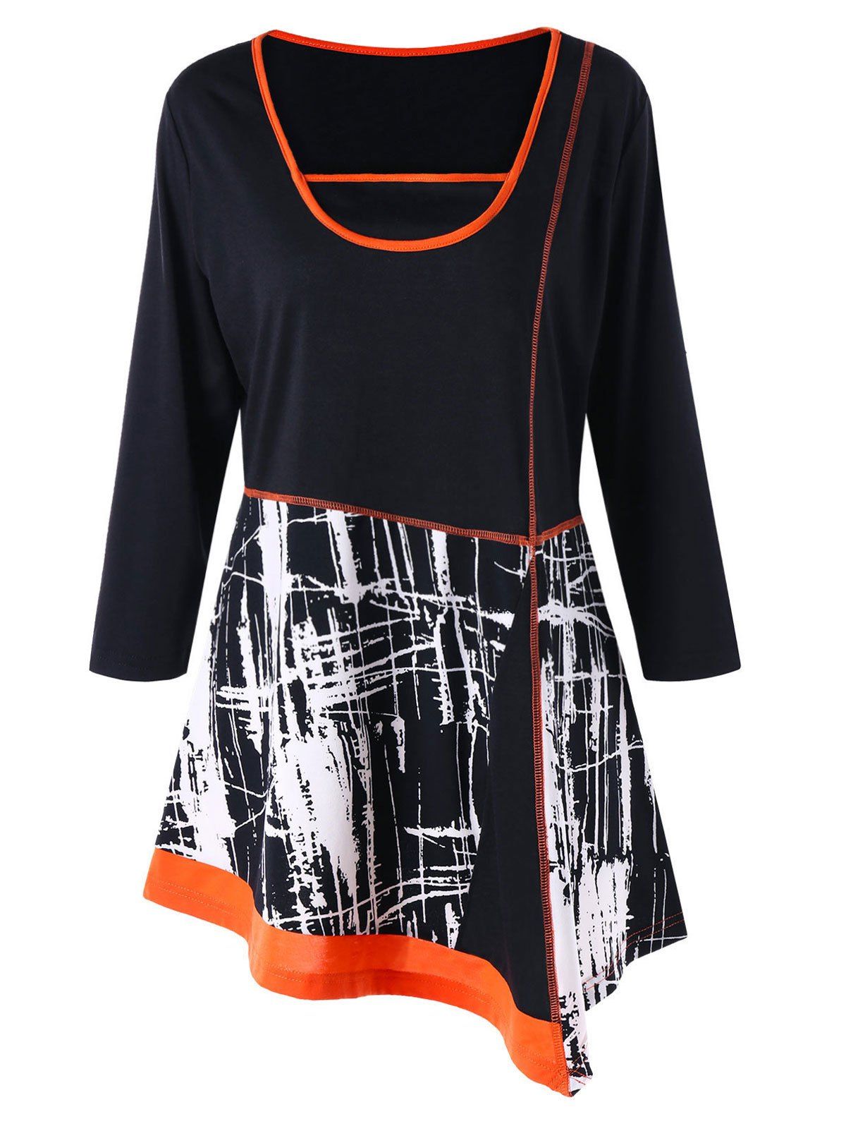 Plus Size Asymmetrical Ringer T-shirt, Black and orange