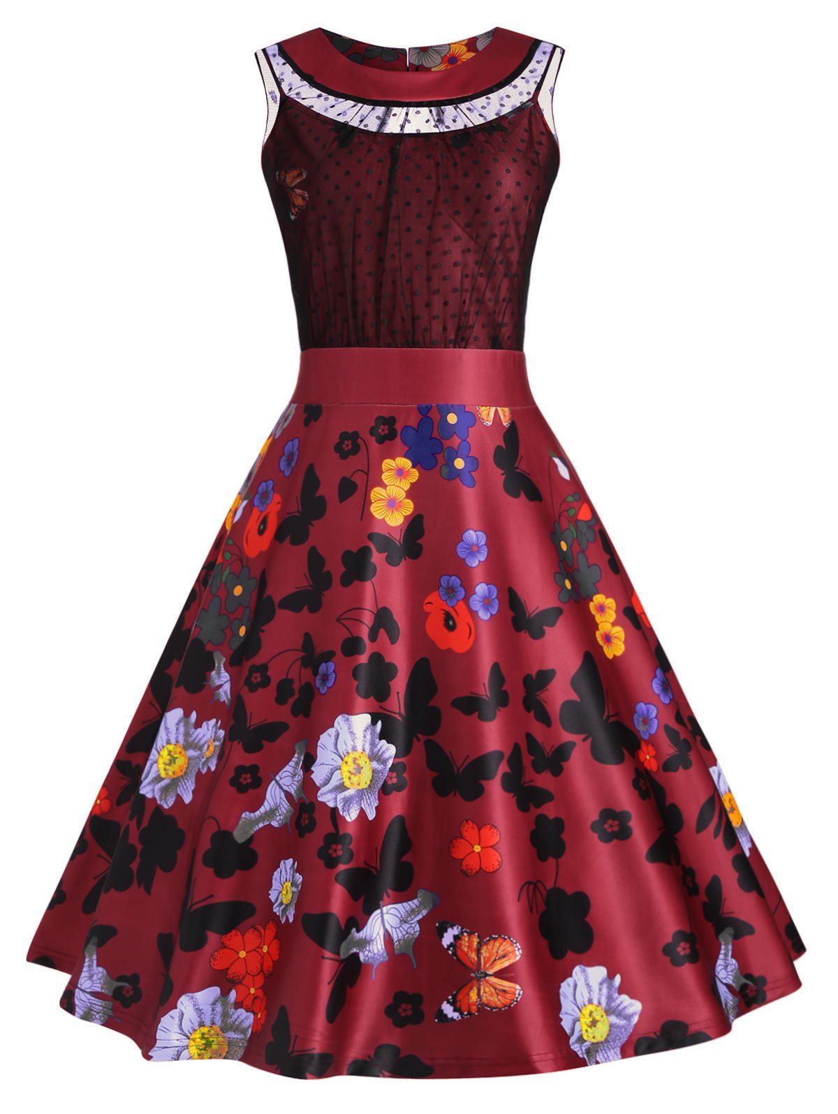 

Plus Size Sheer Butterfly Vintage Style Dress, Wine red