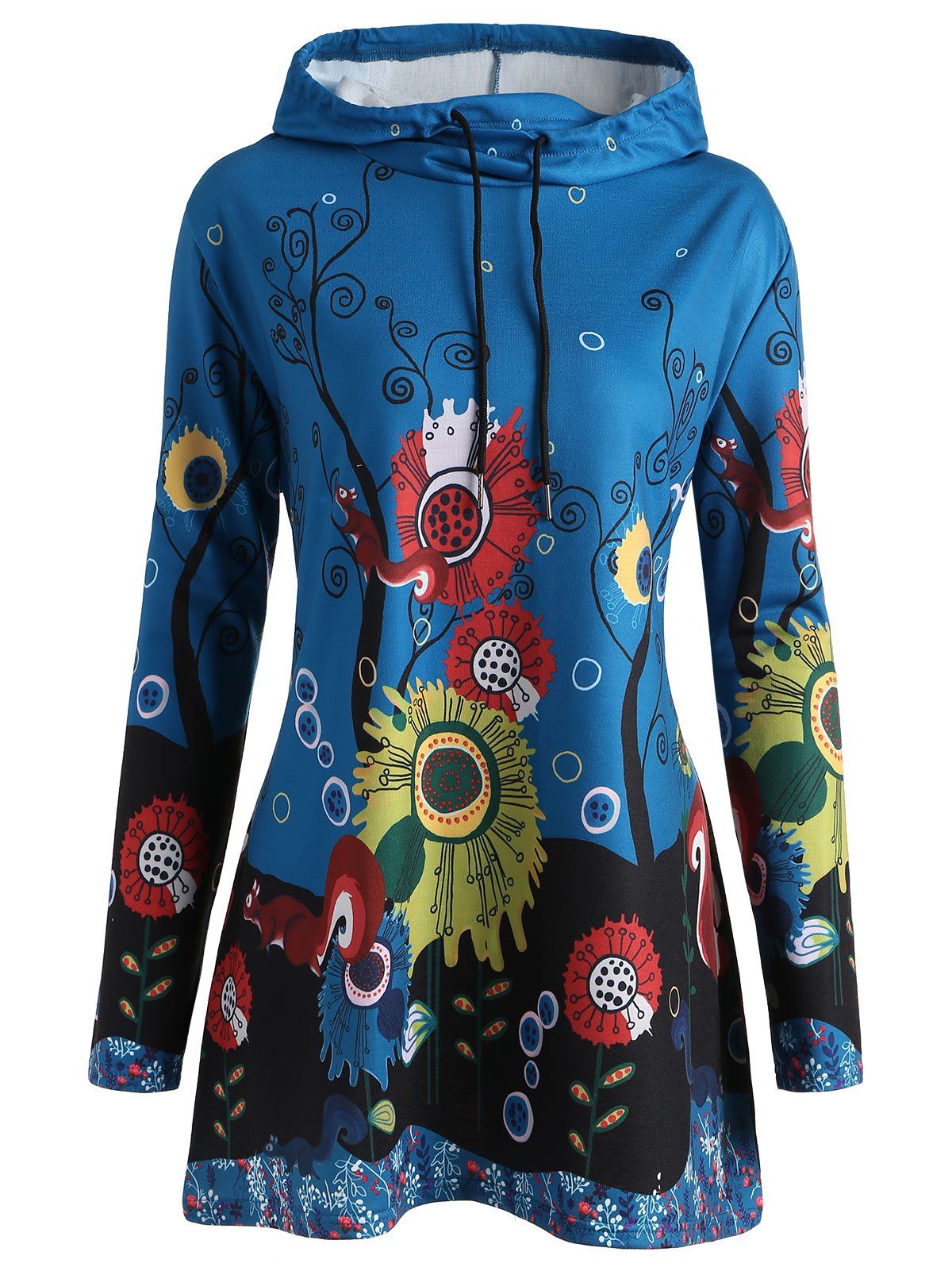

Plus Size Long Squirrel Forest Hoodie, Lake blue