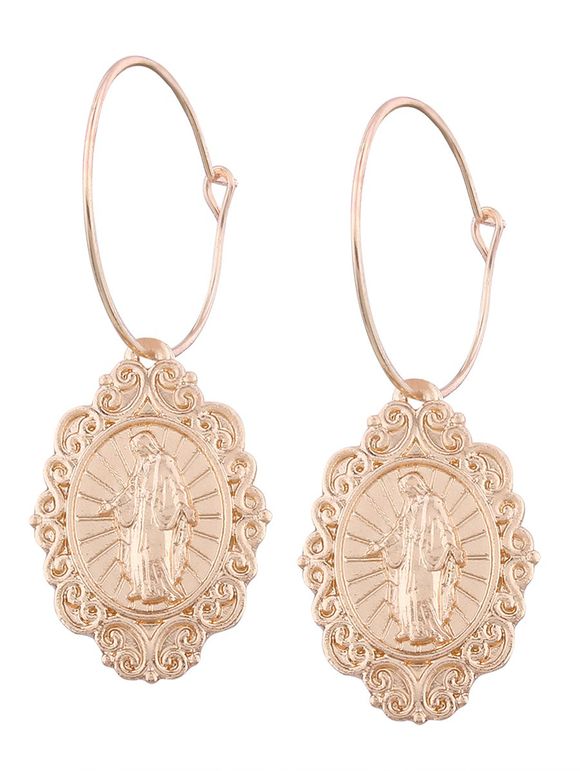 Oval Engraved Jesus Hoop Drop Earrings - GOLDEN 