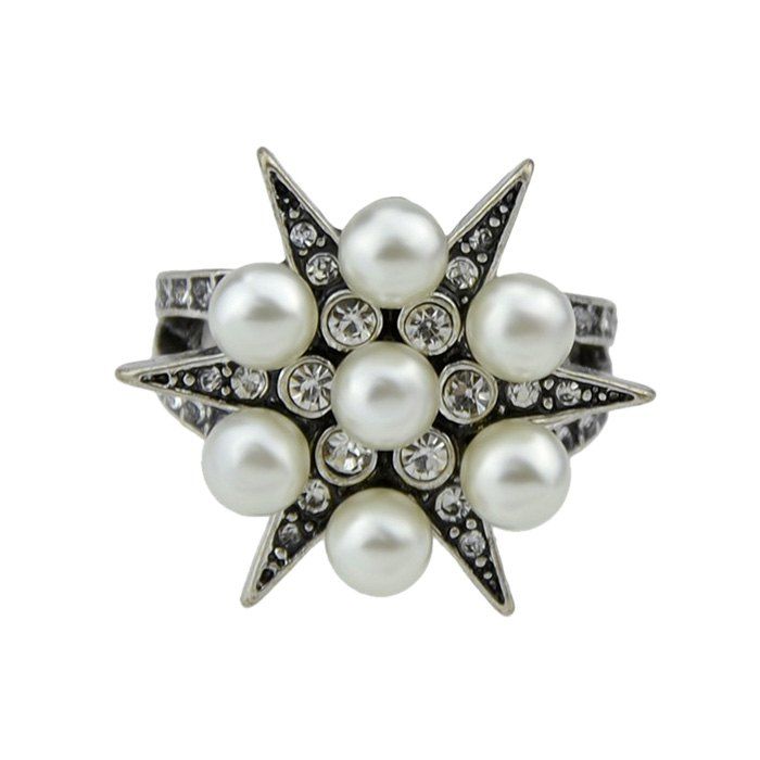 

Faux Pearl and Diamond Inlay Ornament Star Ring, Silver