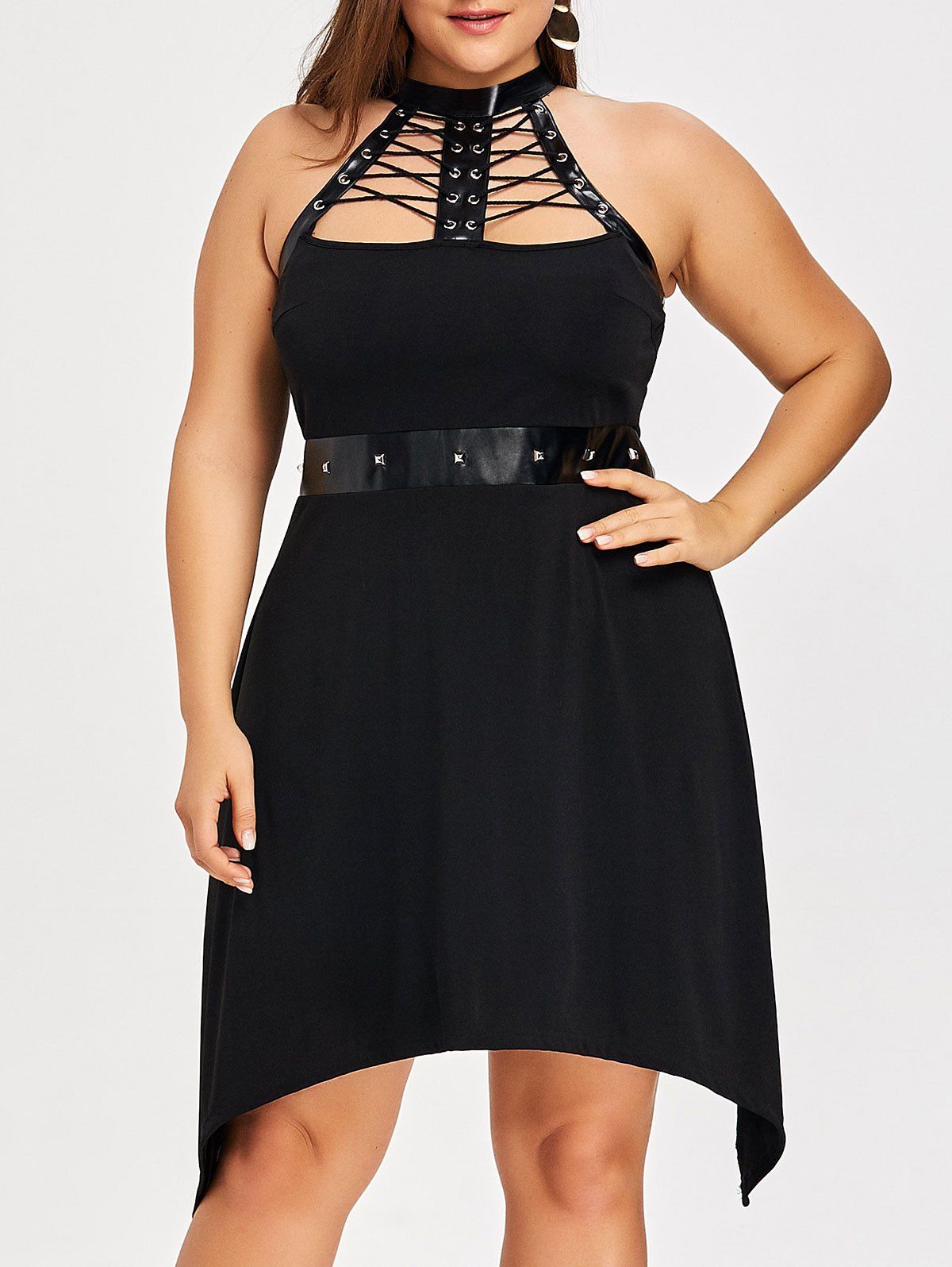 

Plus Size Lace Up Rivet Crescent Dress, Black