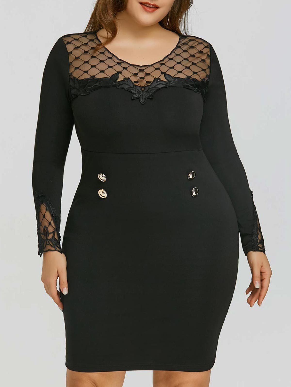 

Plus Size Mesh Panel Applique Dress, Black