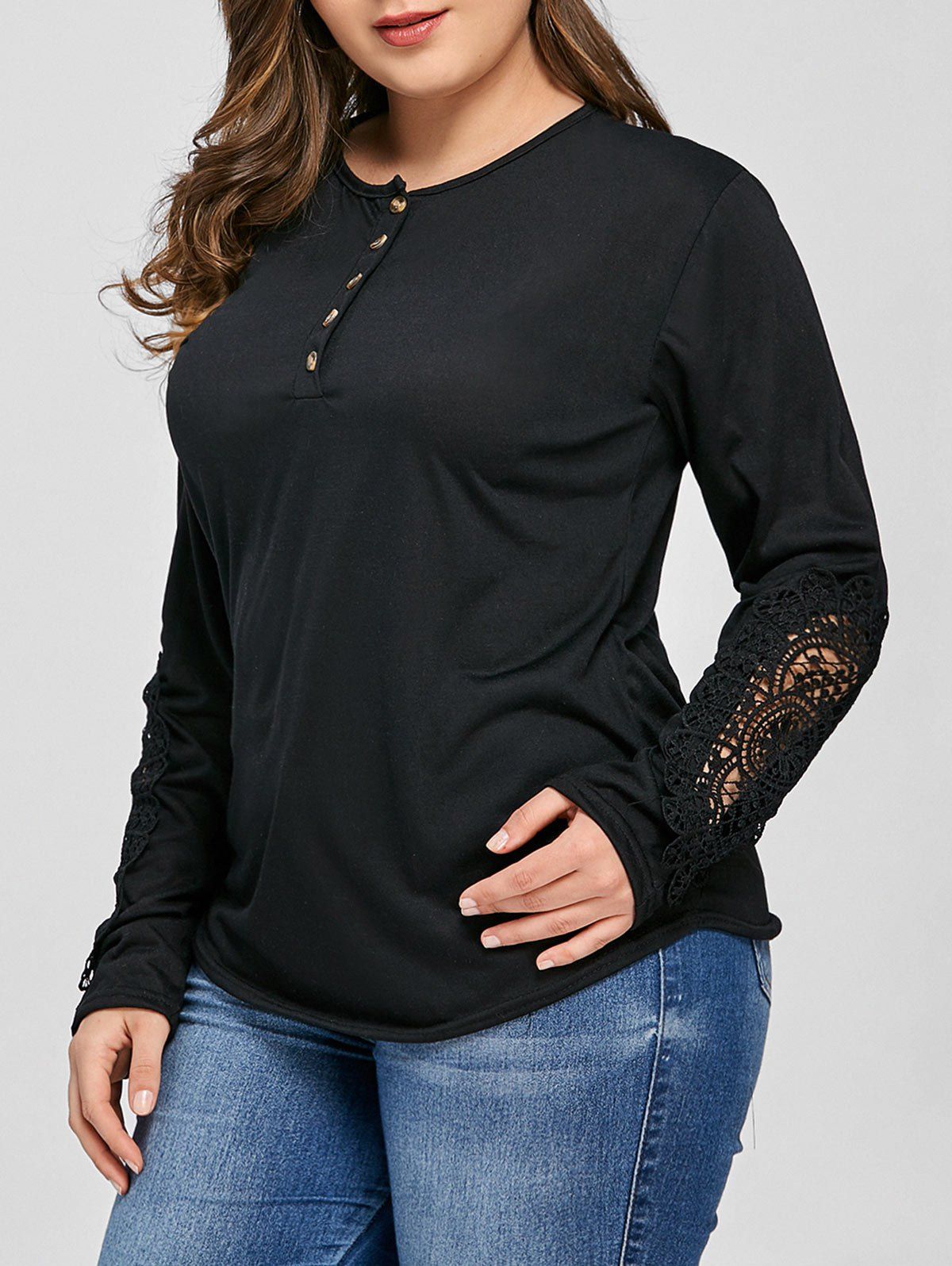 

Half Button Crochet Plus Size T-shirt, Black