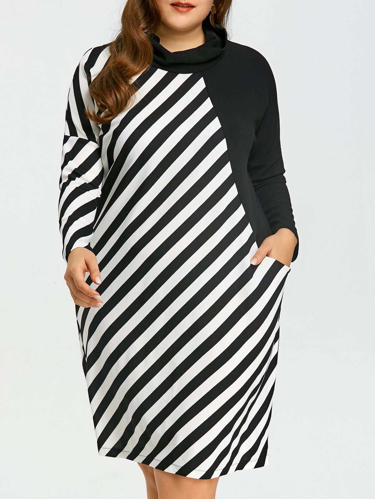 

Plus Size Color Block Striped Tee Dress, Black white