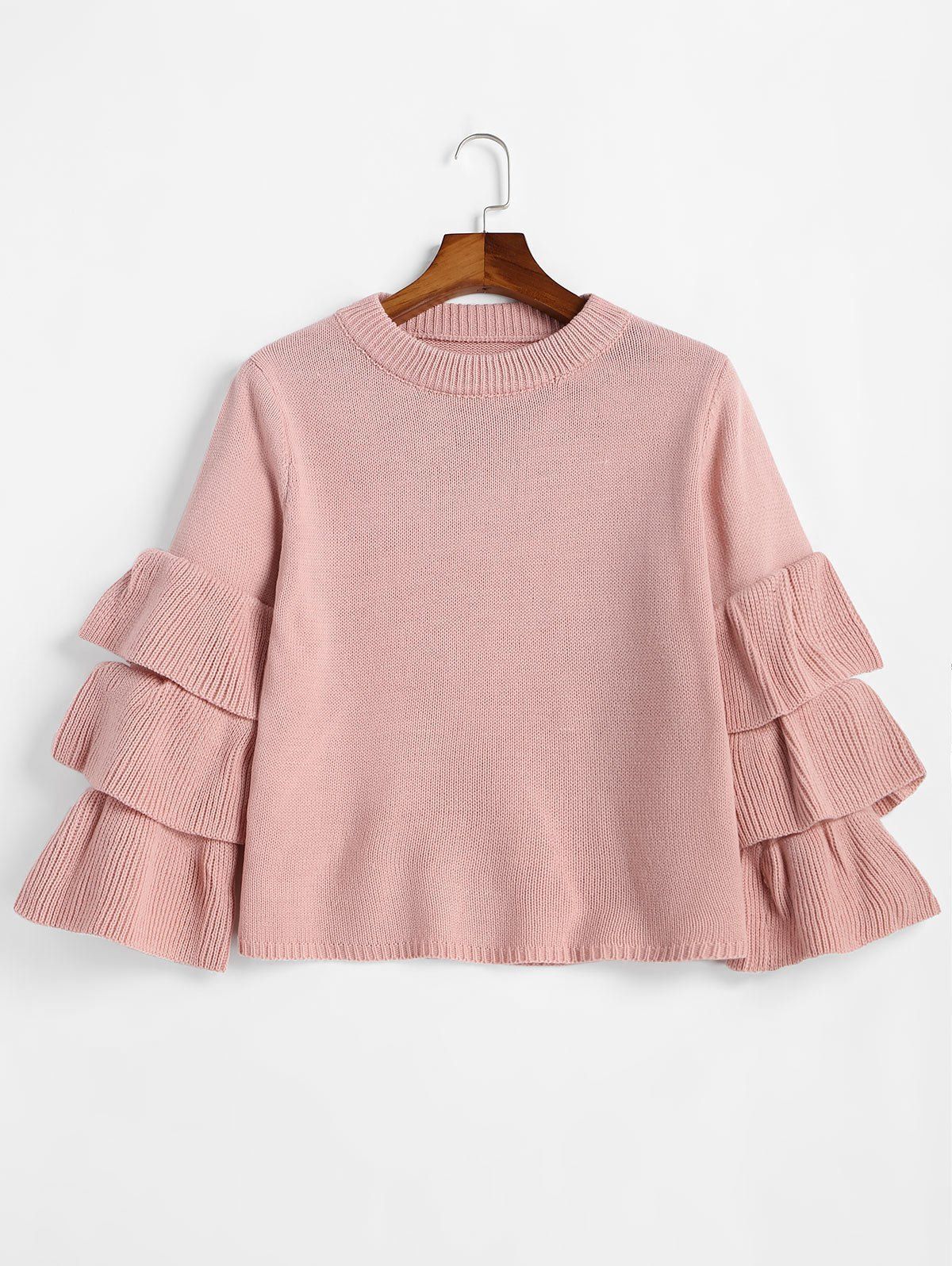 Layered Sleeve Flouncy Pullover Sweater - PINK ONE SIZE