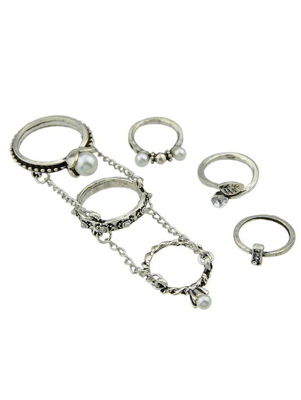 

Metal Leaf Faux Pearl Rings Set, Silver