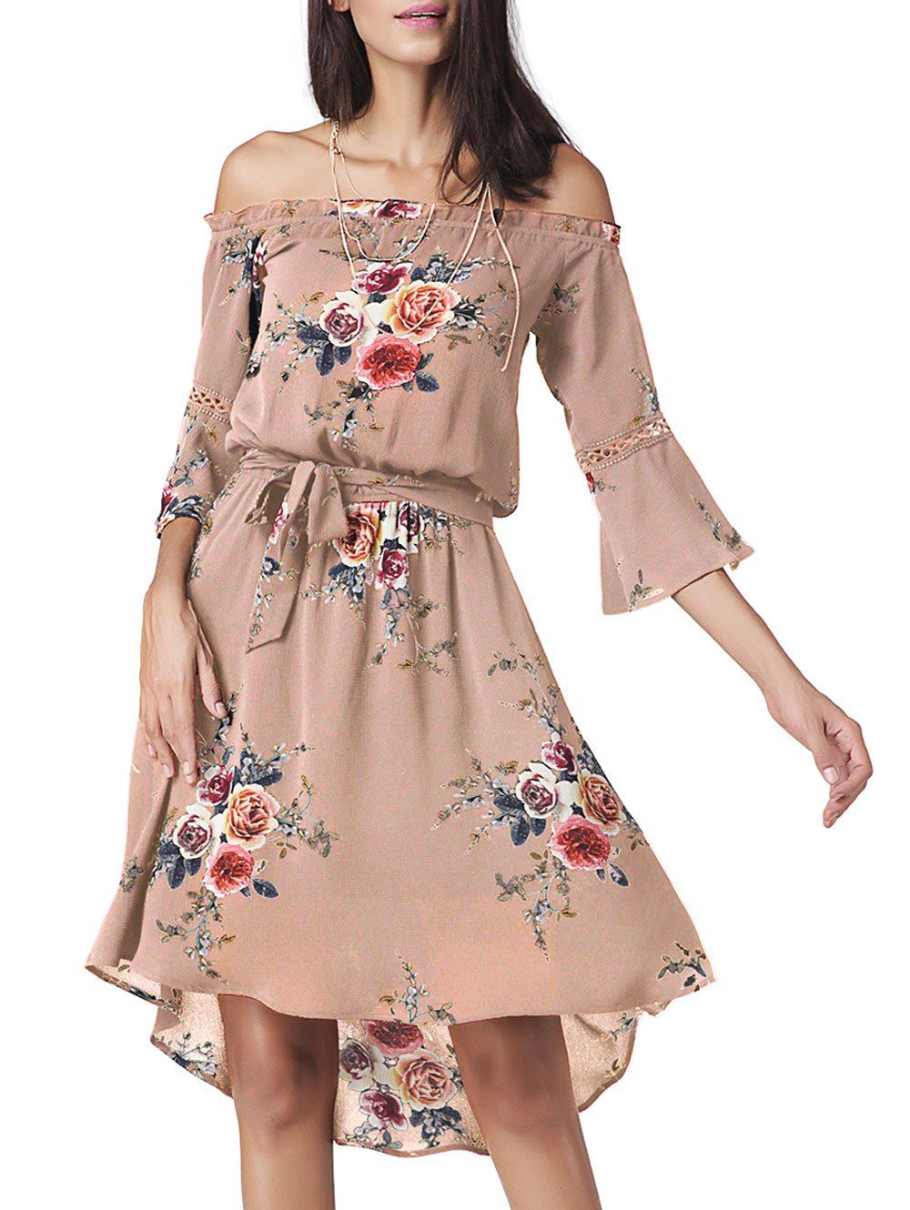 

Floral Chiffon Off The Shoulder Midi Dress, Apricot