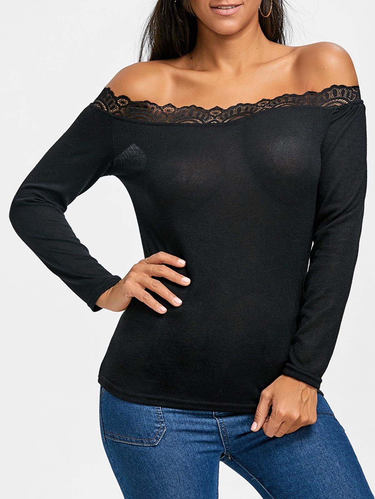 

Off The Shoulder Lace Insert T-shirt, Black
