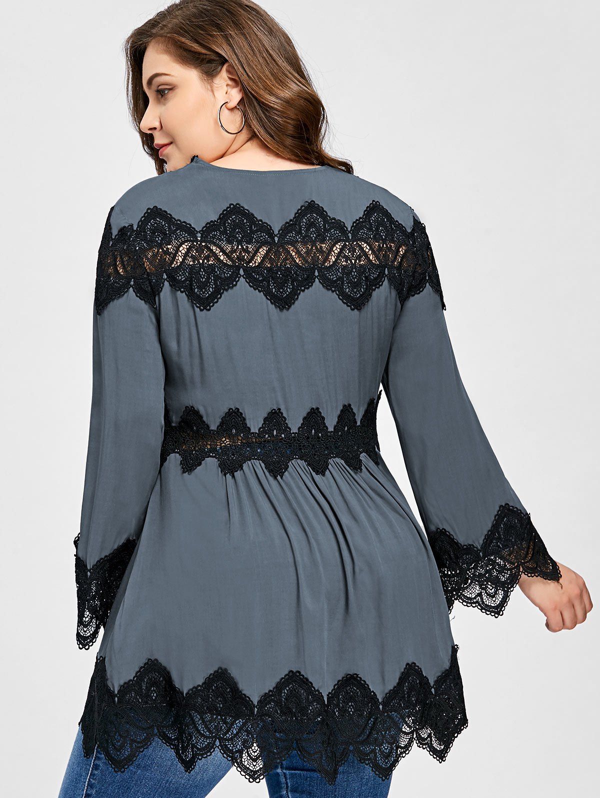 Photo Gallery Plus Size Lace Panel Long Sleeve Peplum Blouse 