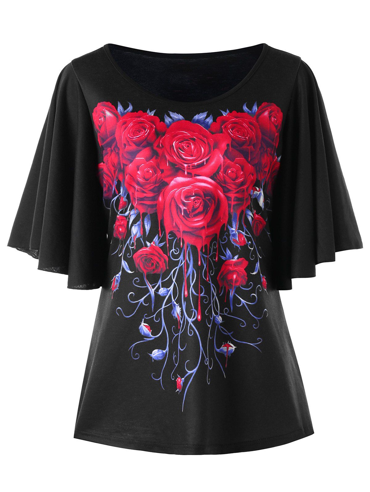 

Plus Size Bell Sleeve Rose Top, Black