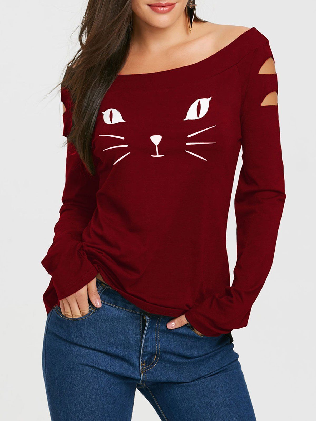 

Cat Face Printed Ripped Long Sleeve T-shirt, Burgundy