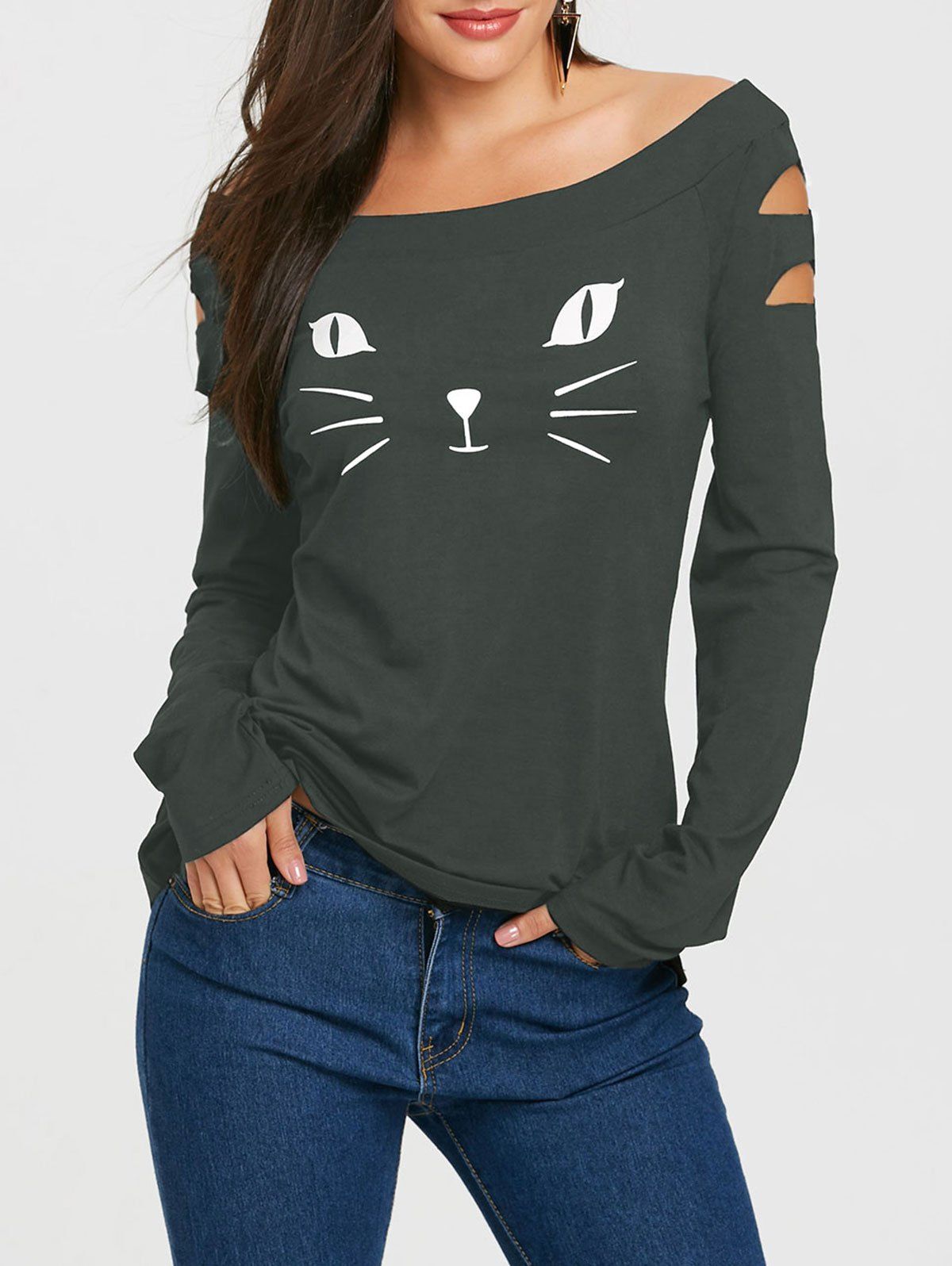

Cat Face Printed Ripped Long Sleeve T-shirt, Green grey