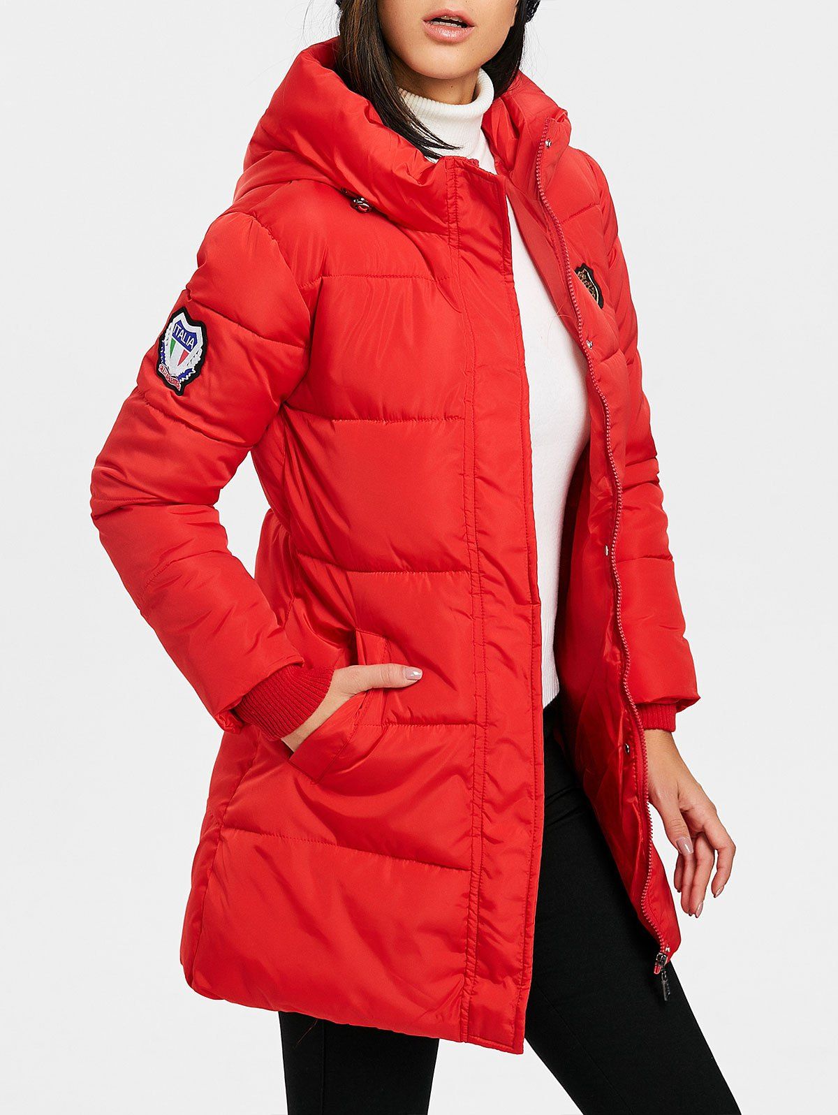 

Hooded Single Breasted Puffer Jacket, Red