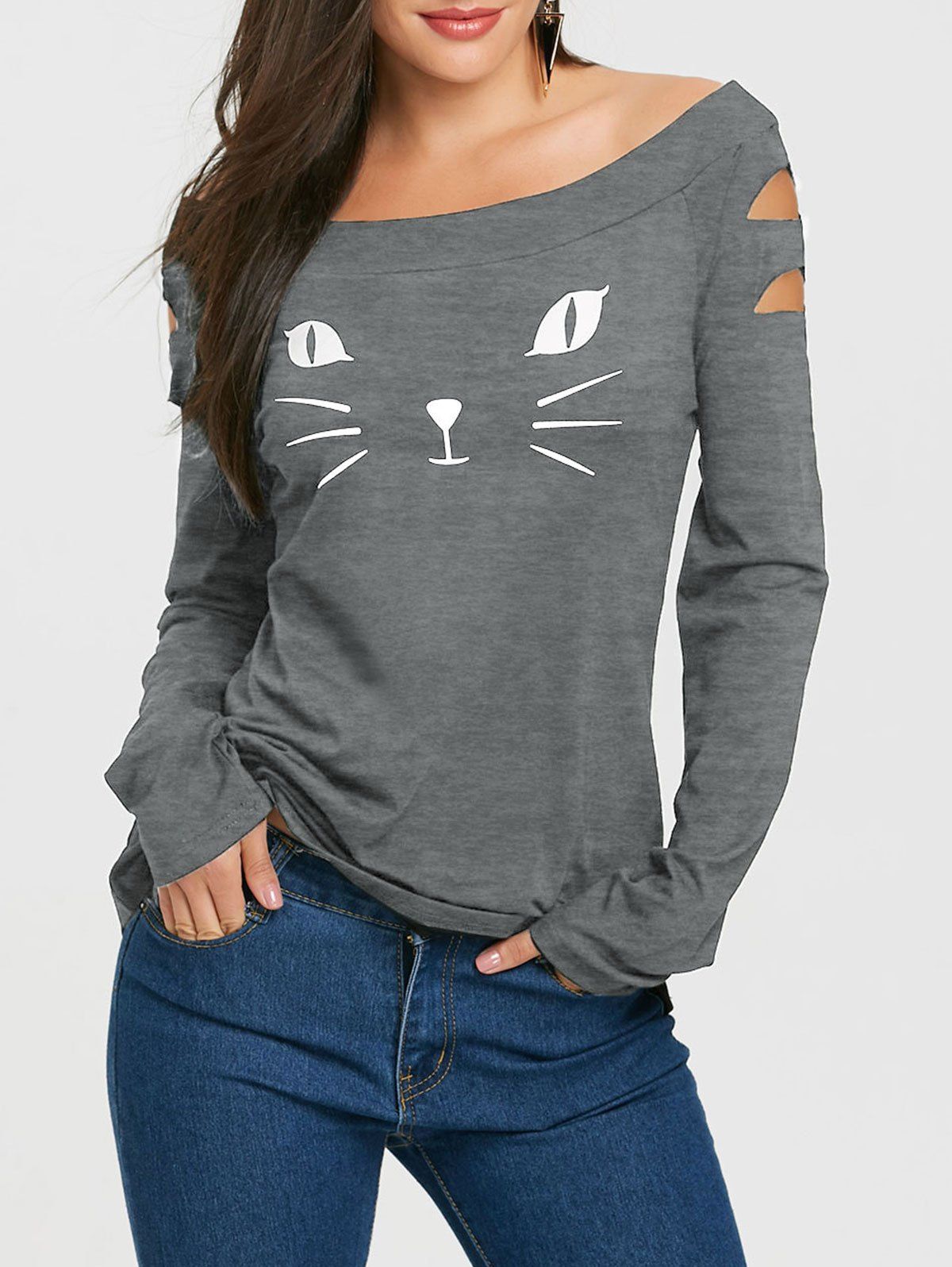 

Cat Face Printed Ripped Long Sleeve T-shirt, Gray