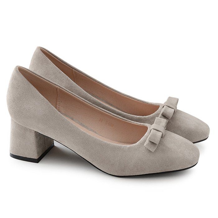 

Bowknot Chunky Heel Square Toe Pumps, Gray