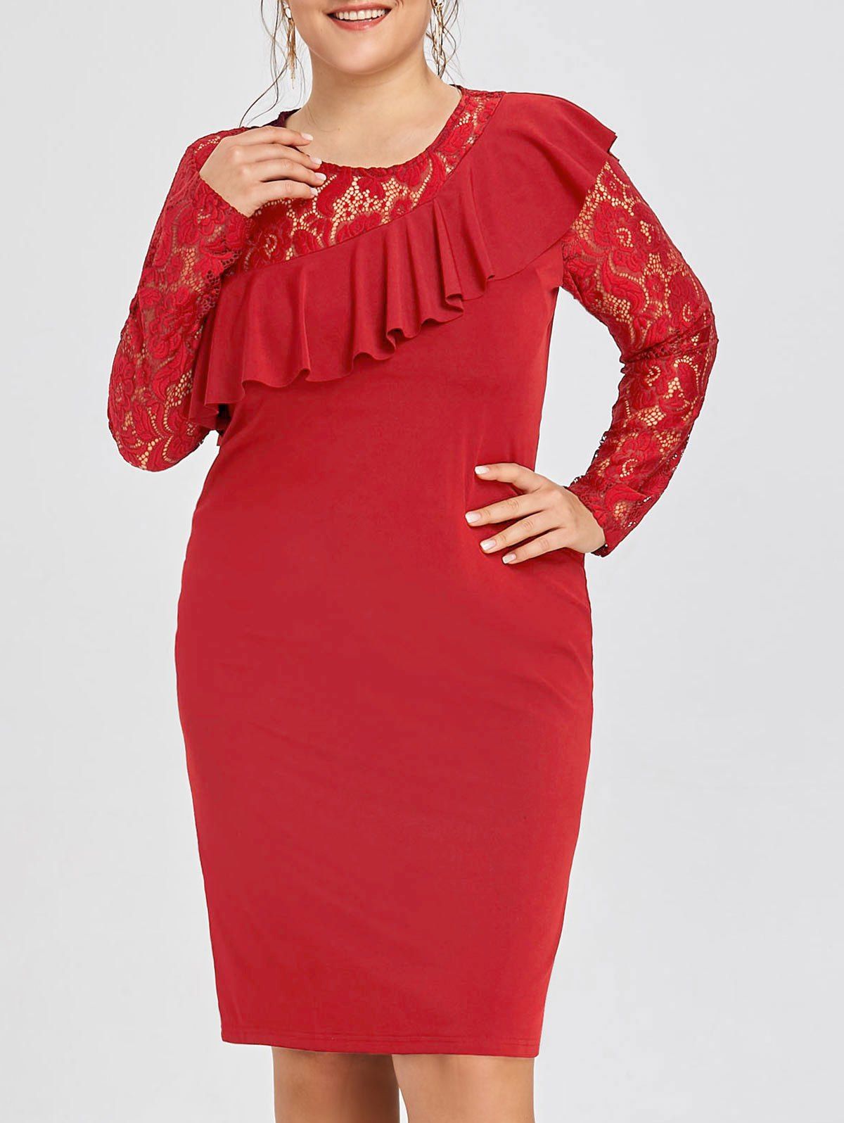 

Plus Size Lace Insert Ruffled Semi Formal Dress, Bright red