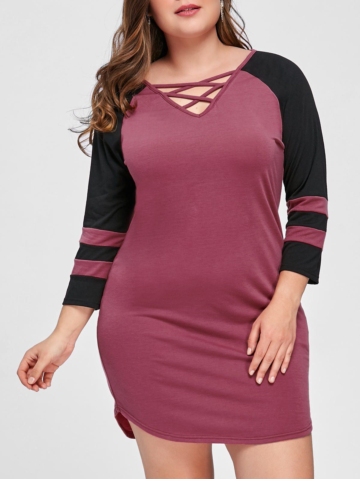 

Plus Size Raglan Sleeve Front Criss Cross Dress, Deep pink