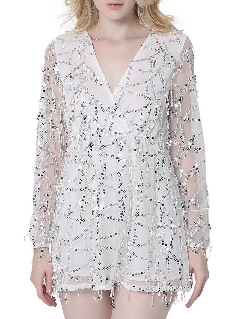 

Sequined Mini Shift Surplice Dress, White