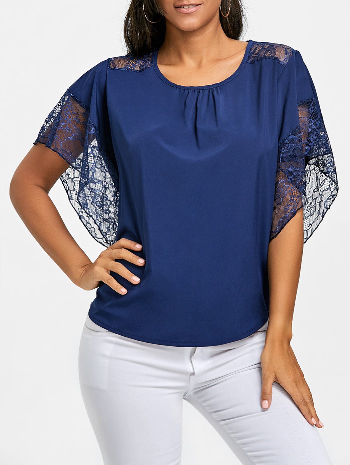 

Dolman Sleeve Lace Trimmed Blouse, Blue