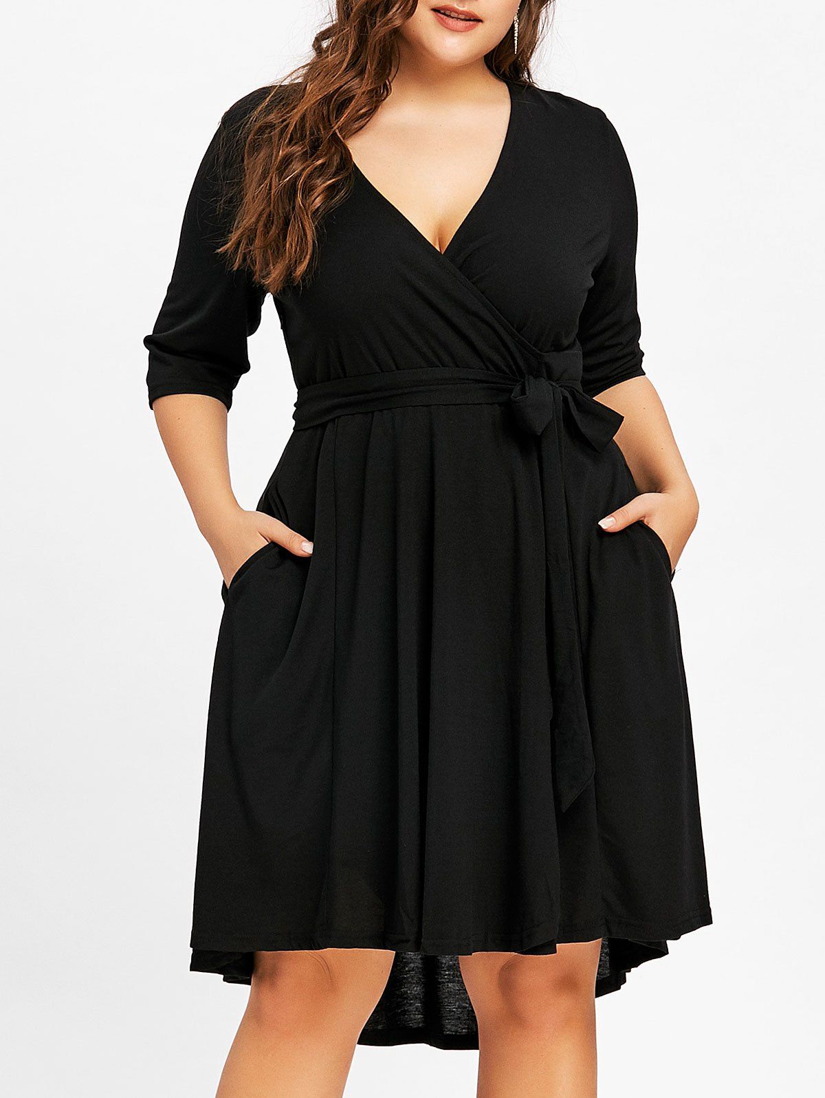 

Plus Size High Low Surplice Belted Dress, Black