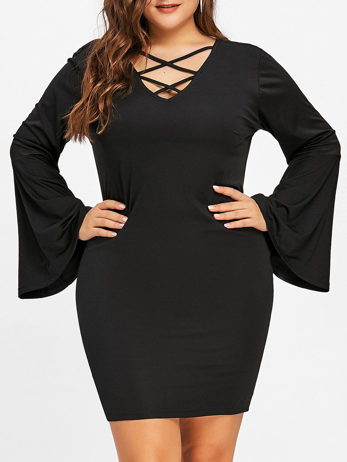 

Plus Size Bell Sleeve Criss Cross Dress, Black