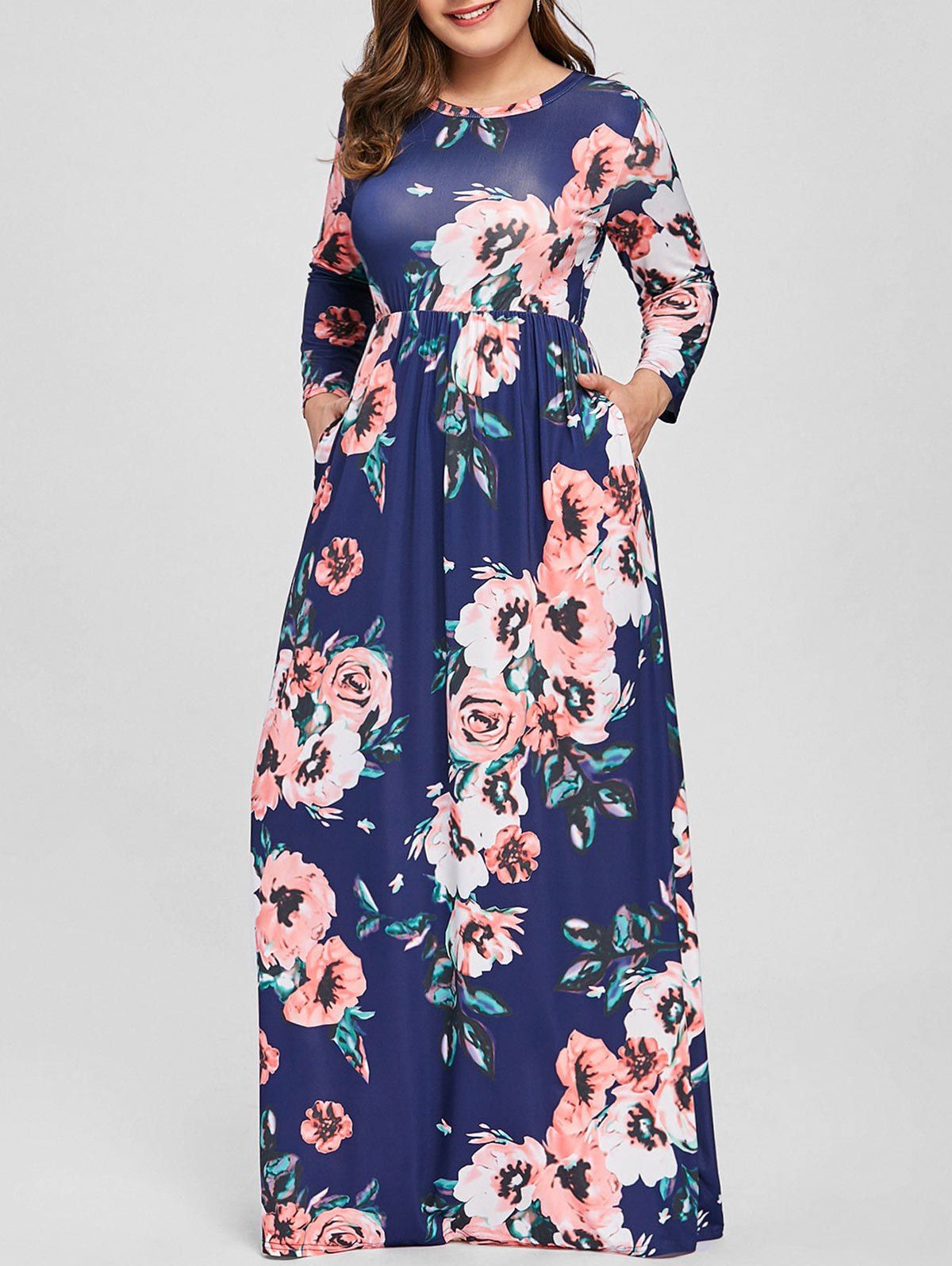 17 Off 2020 Plus Size Floral Long Sleeve Maxi Dress In Blue Dresslily 
