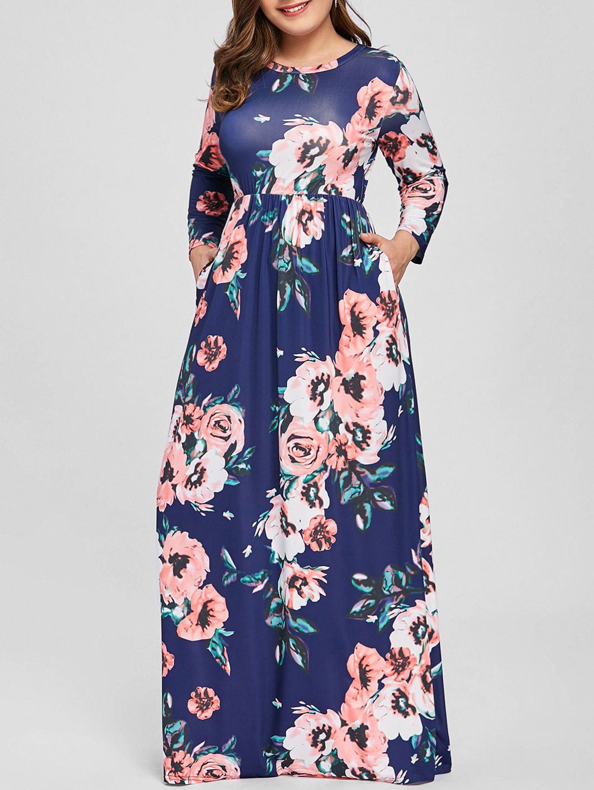  17 OFF 2020 Plus Size Floral Long Sleeve Maxi Dress In BLUE DressLily