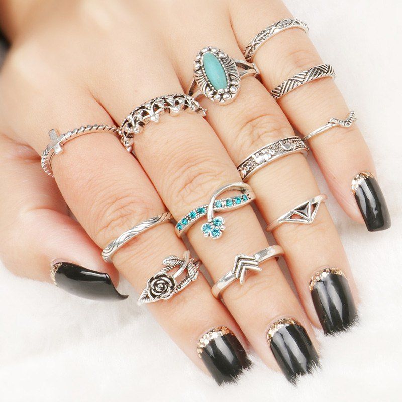 

Flower Rhinestone Series Rings Set, Colormix