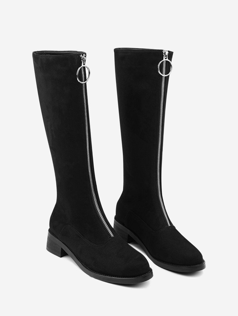 

Chunky Heel Front Zipper Mid Calf Boots, Black