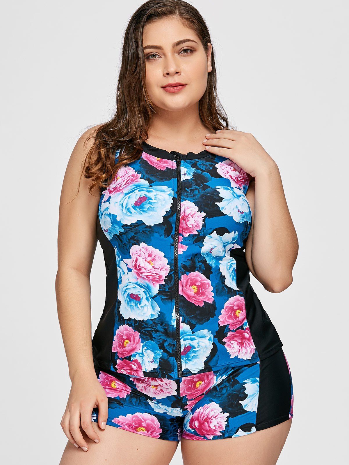 DressLily.com: Photo Gallery - Plus Size Floral Print Zipper Tankini Set