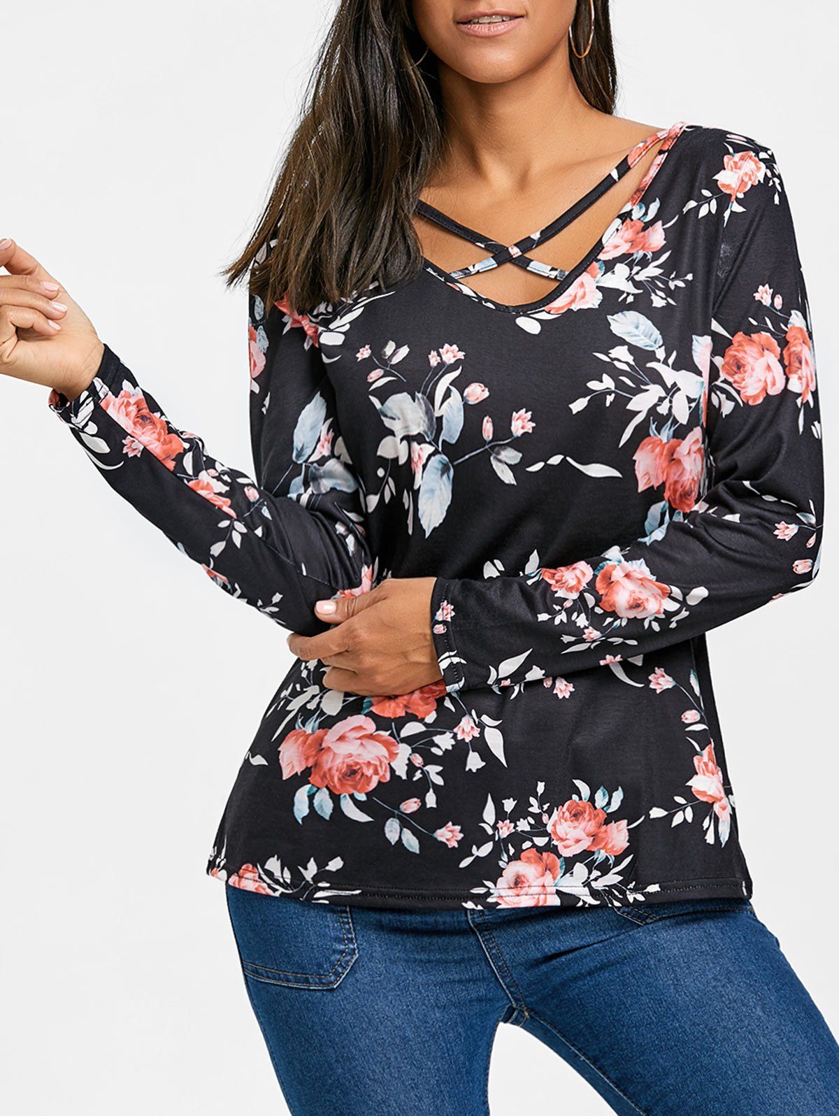 

Floral Criss Cross Long Sleeve Top, Black