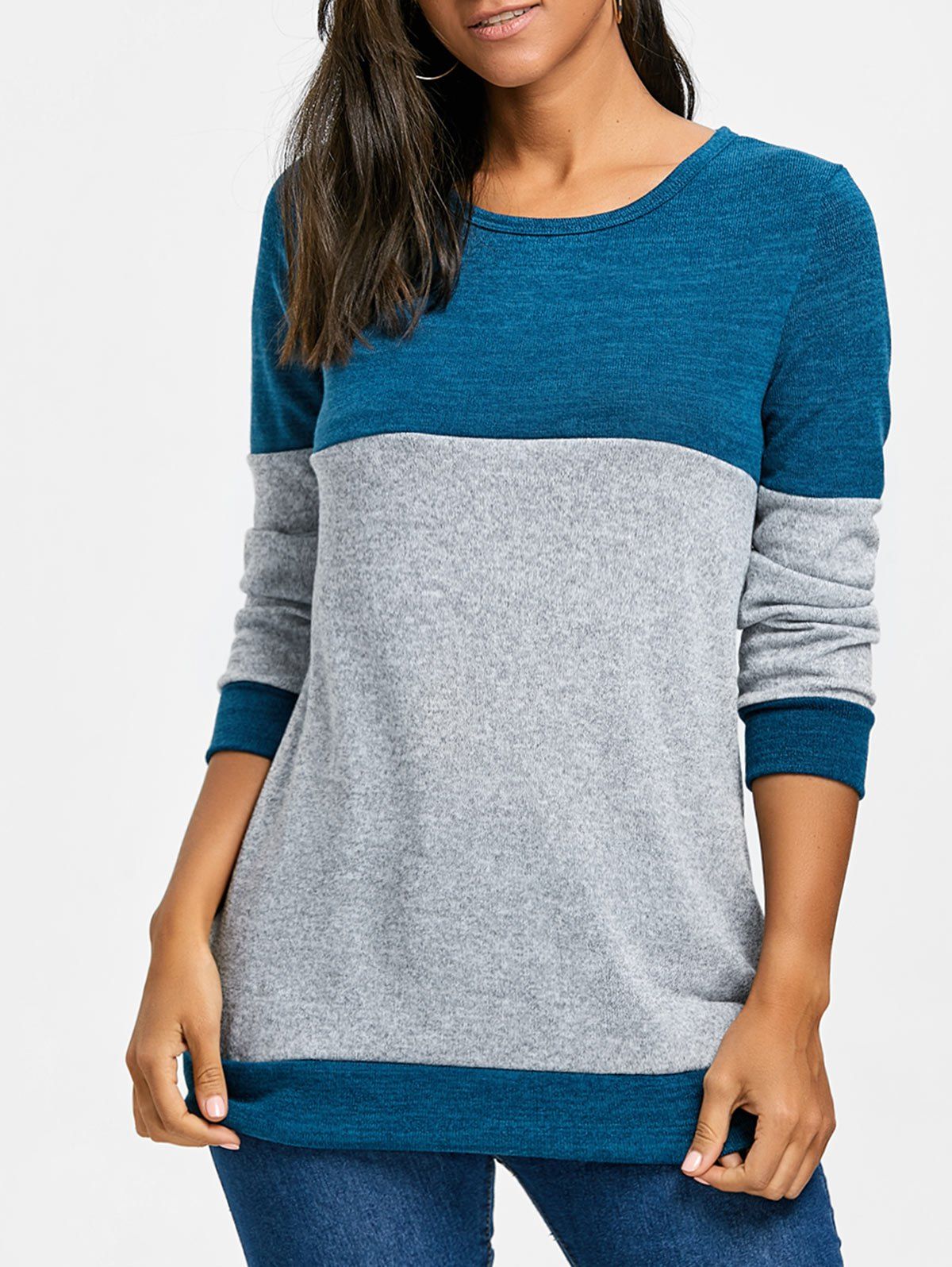

Contrast Color Long Sleeve Knit Top, Blue