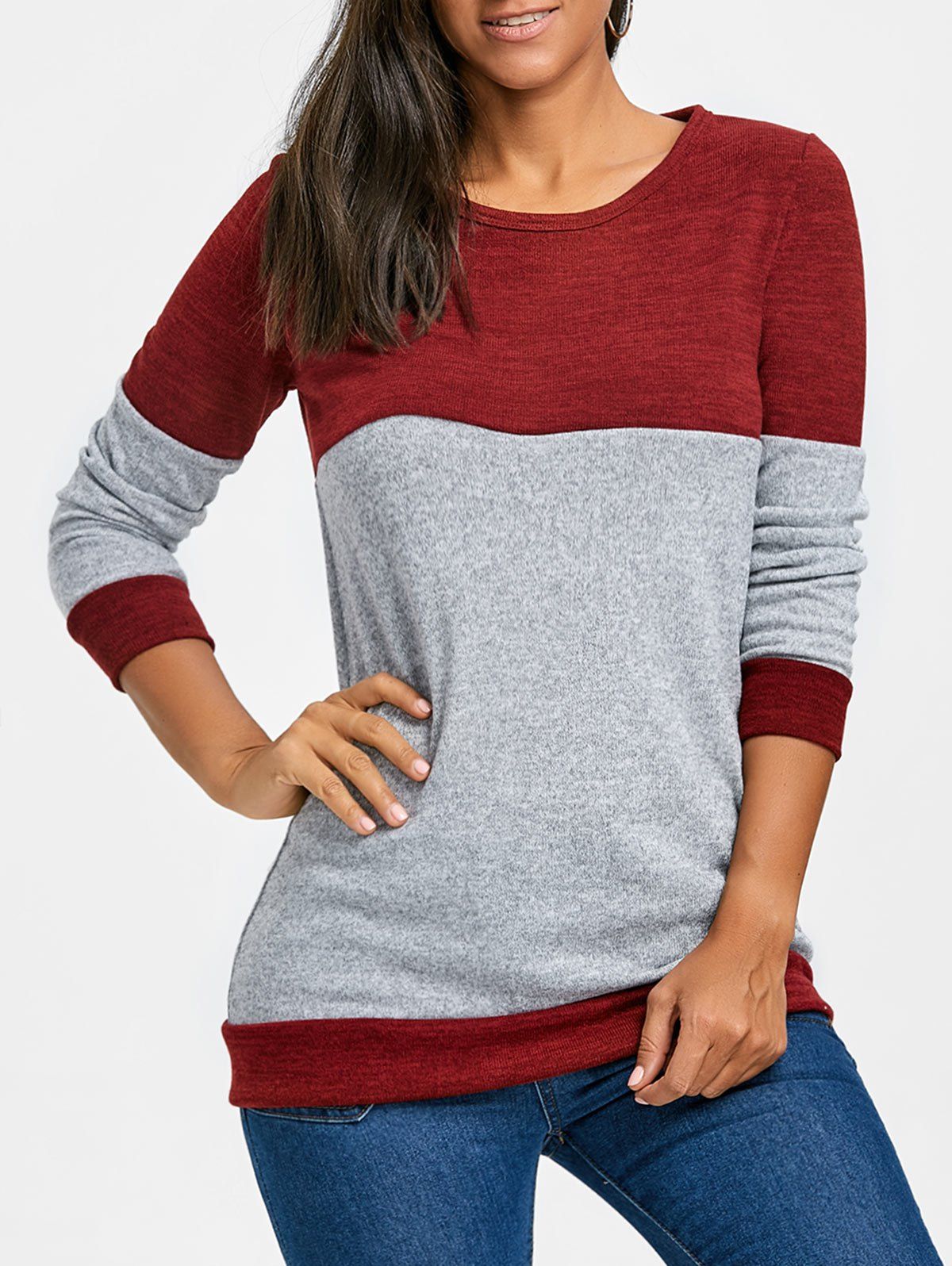 

Contrast Color Long Sleeve Knit Top, Wine red