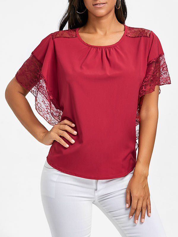 

Dolman Sleeve Lace Trimmed Blouse, Red
