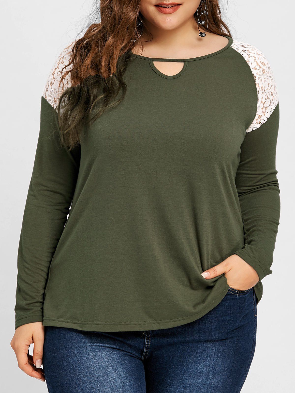 

Plus Size Lace Panel Raglan Sleeve Top, Army green