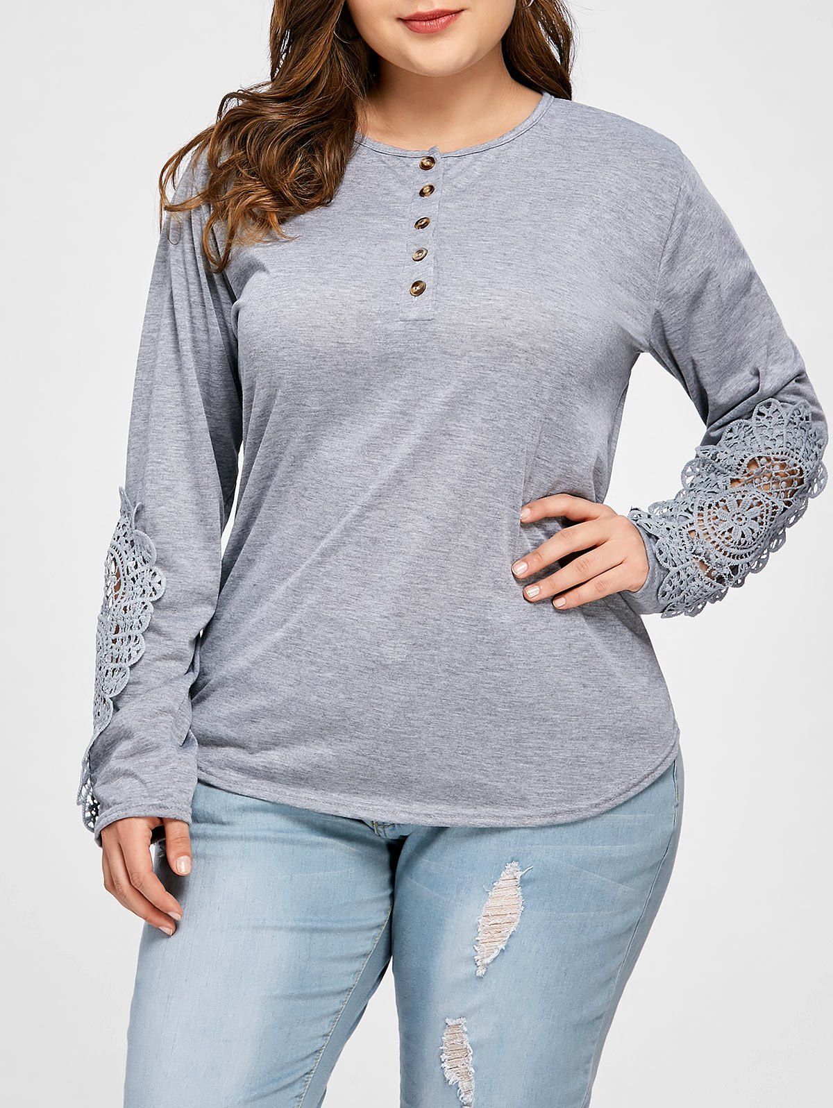 

Half Button Crochet Plus Size T-shirt, Light gray