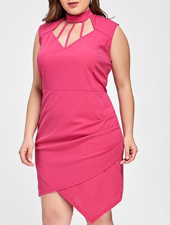 Robe Asymétrique Découpée Grande Taille - Rouge Rose 2XL