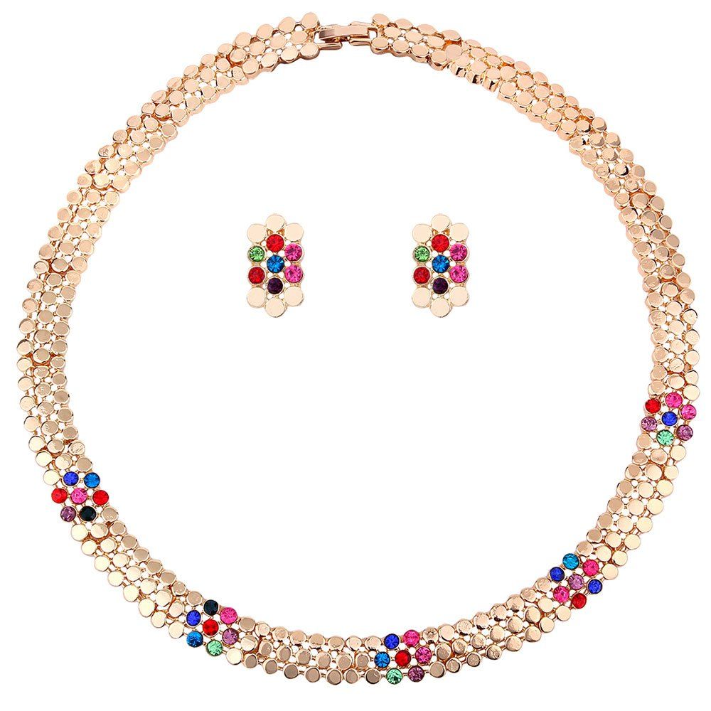 

Rhinestone Decorated Circle Necklace Earrings Set, Golden