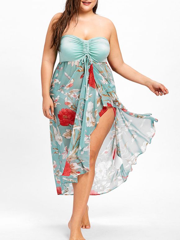 Robe Imprimée Florale à Fente Sans Bretelles Grande Taille - multicolore XL