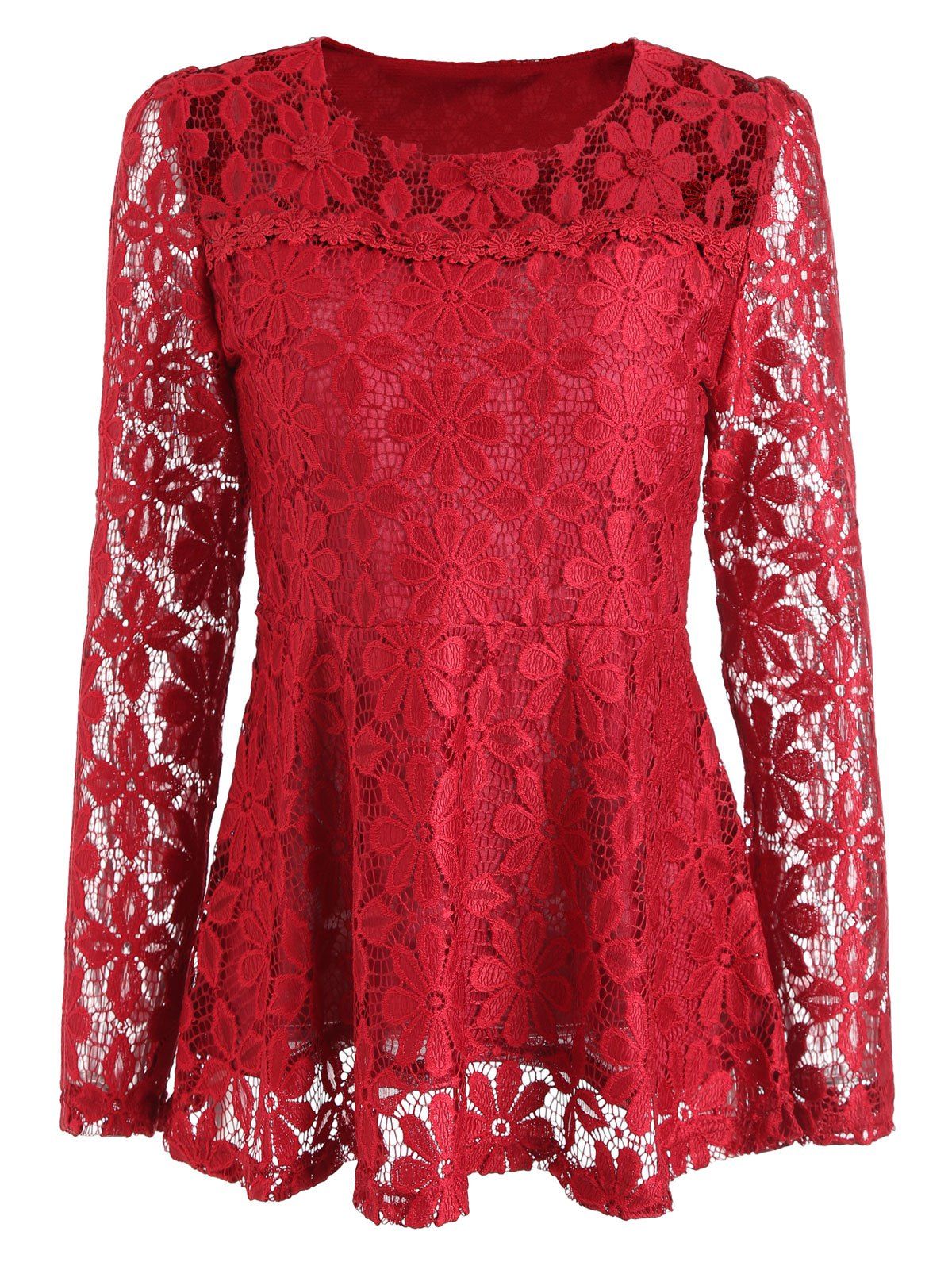 

Lace Flounce Peplum Blouse, Red