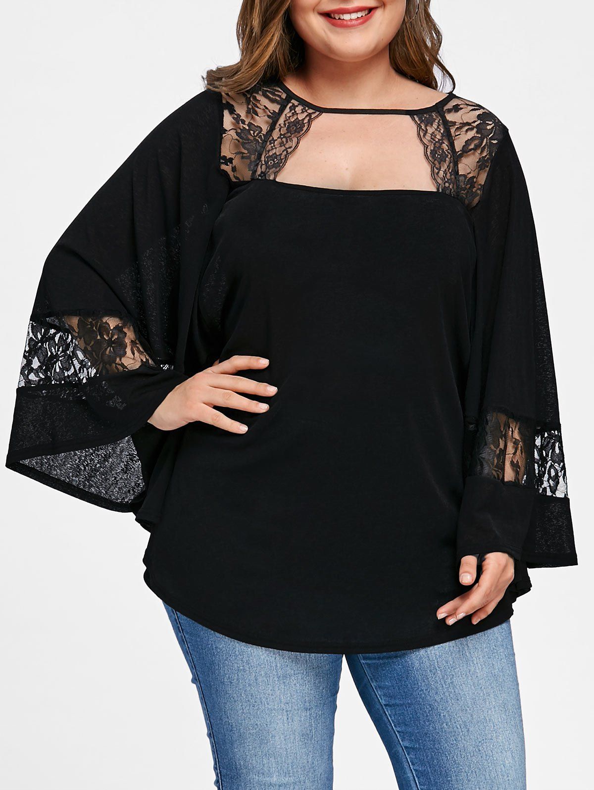 

Plus Sizes Lace Trim Bell Sleeve Top, Black