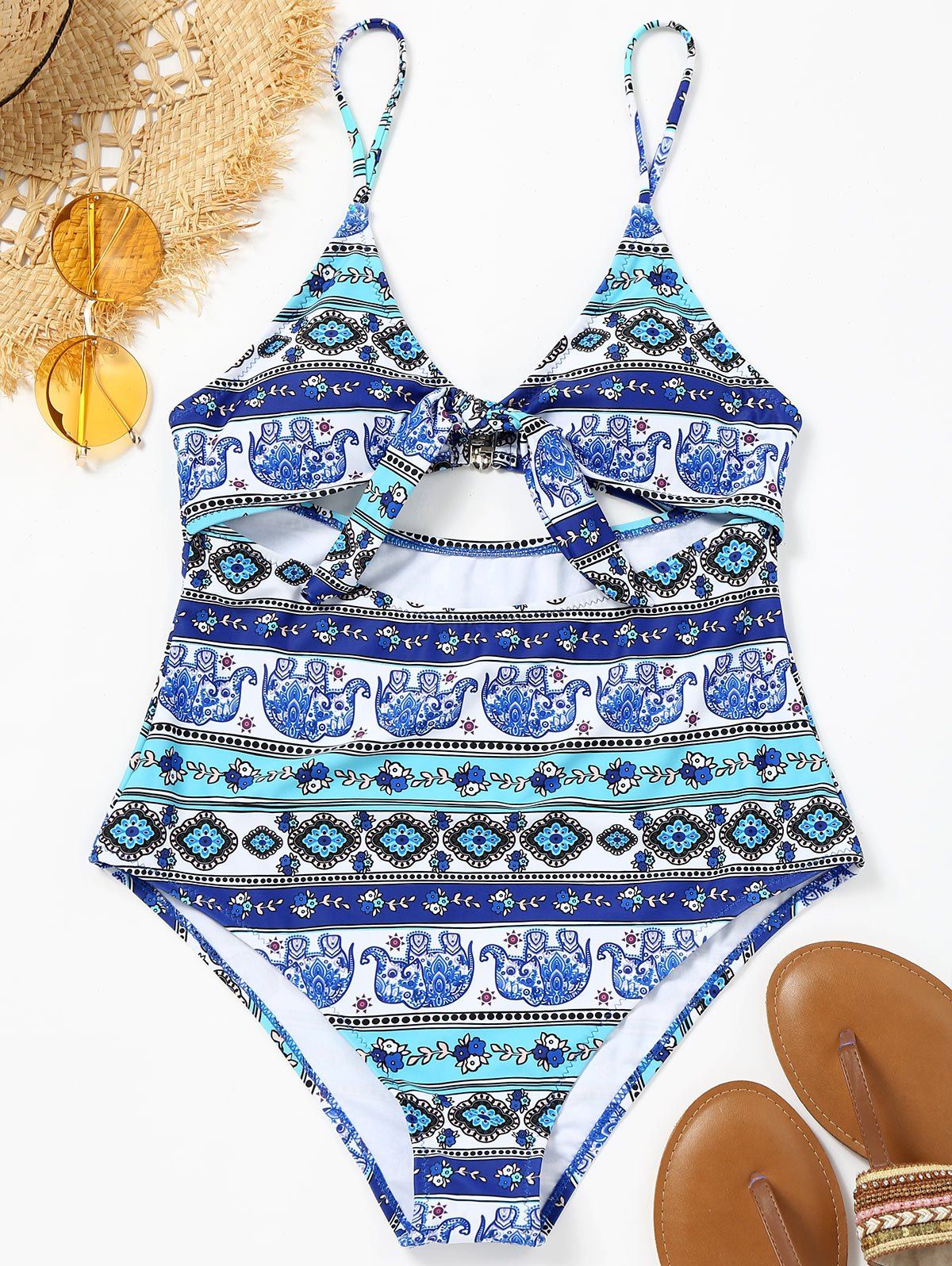 

One Piece Cut Out Tribal Print Swimsuit, Colormix