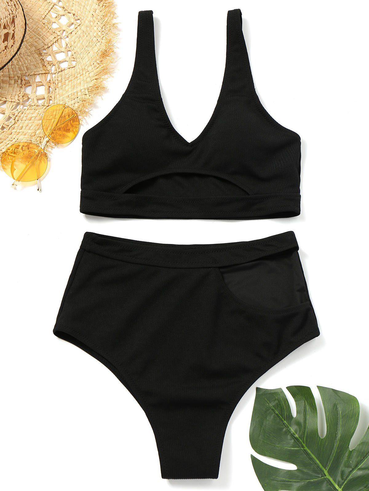 

Plunge Neck Cut Out Bikini Set, Black