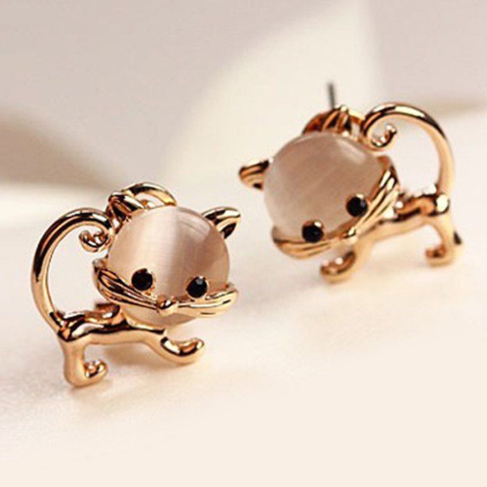 

Cute Faux Opal Kitten Stud Tiny Earrings, Golden