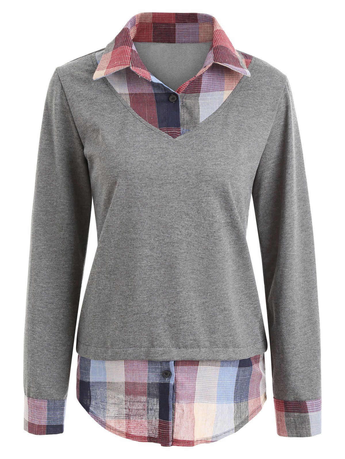 

Faux Two Piece Plaid Patchwork Sweatshirt, Gray